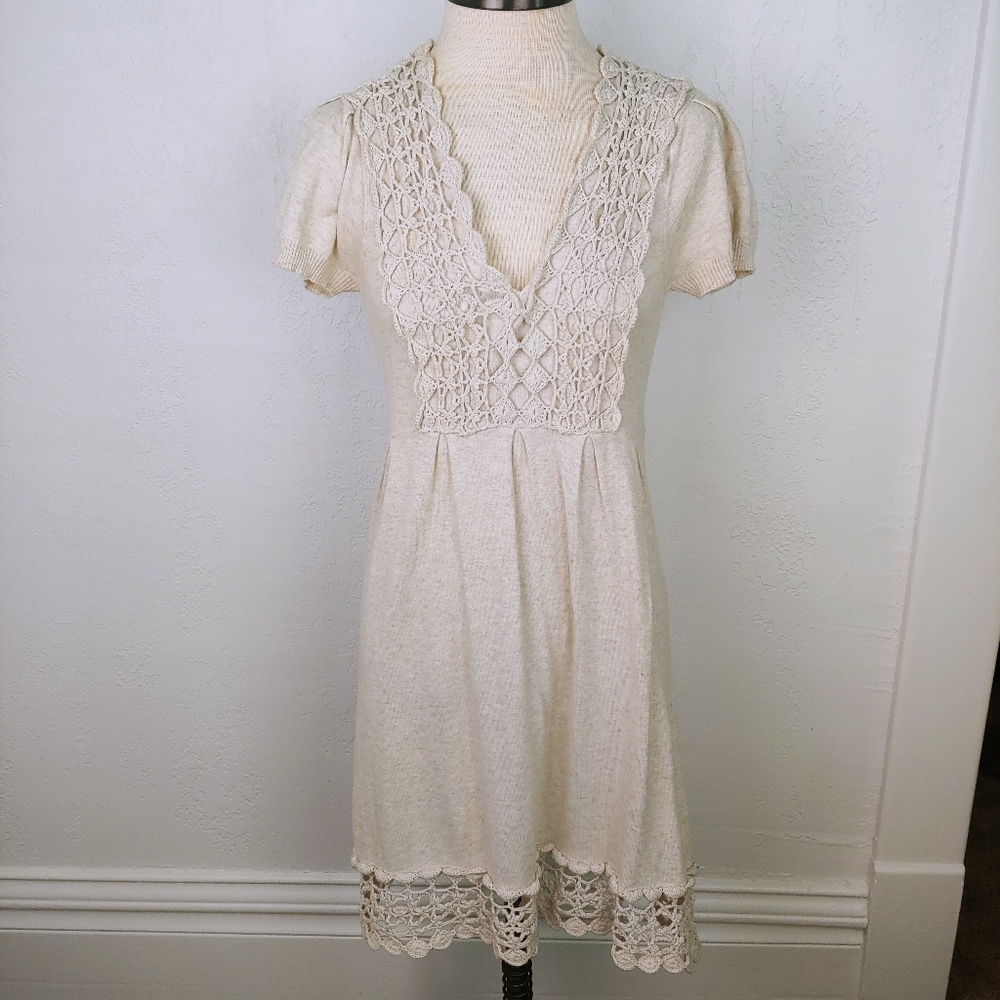 Nick & Mo Anthropologie Tan Crochet Sweater Dress